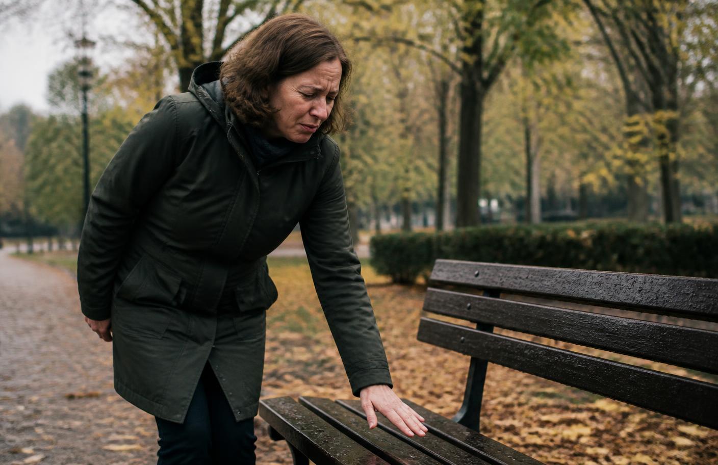 Frau prüft eine nasse und kalte Bank mit der Hand